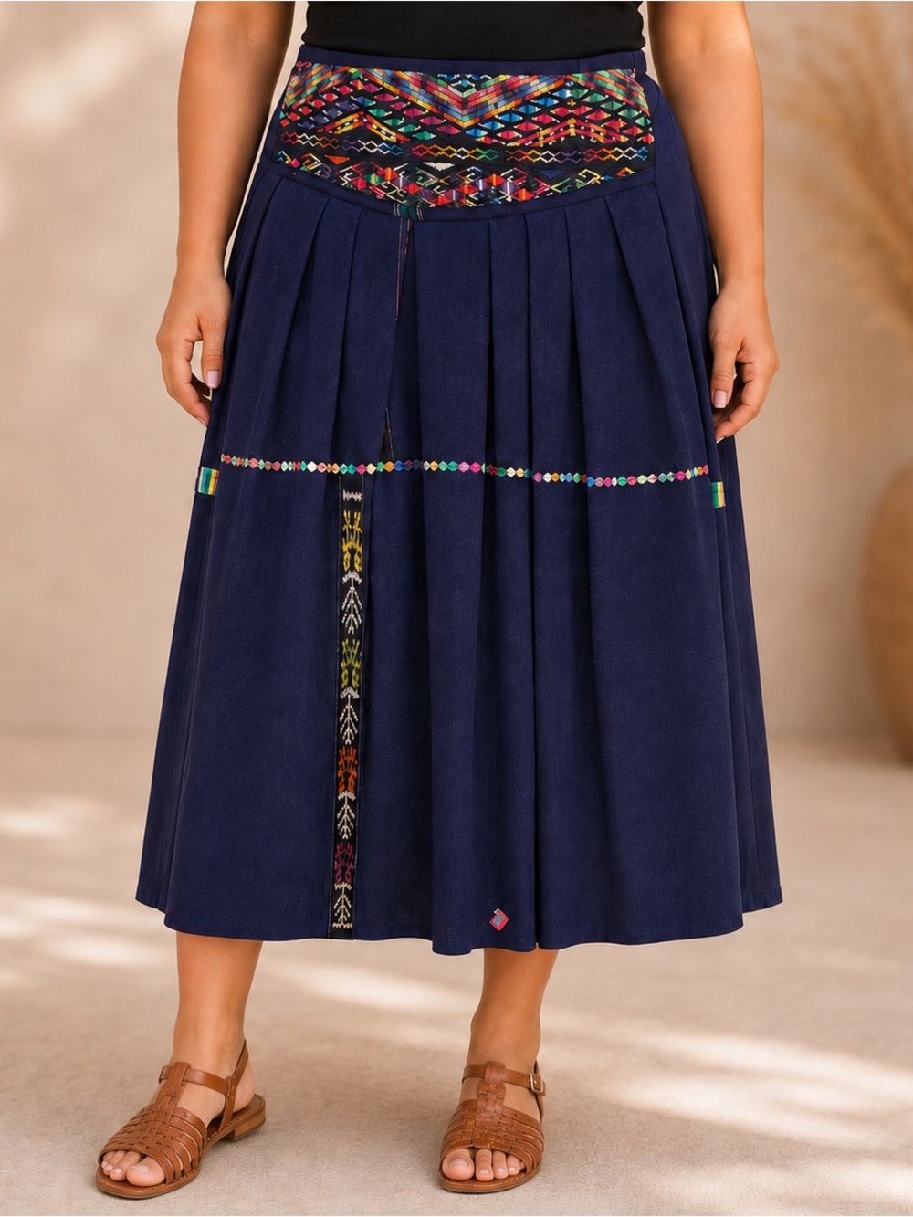 Vintage Guatamalan Hand Woven Indigo Cotton Midi Skirt Sz S-L